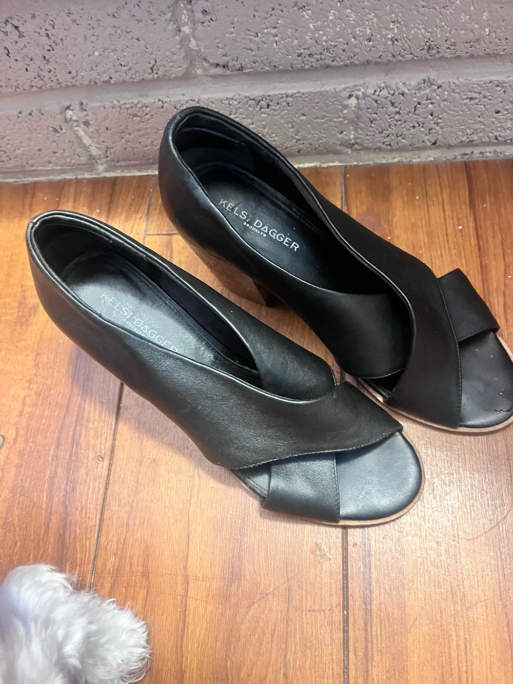 Kelsi Dagger Black Peep-Toe Crossover Leather Heels